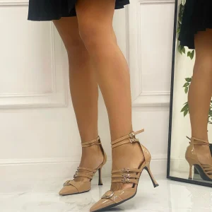 Angy - Décolleté Donna Scarpa Cinturini Tacco Spillo Vernice Elegante Beige