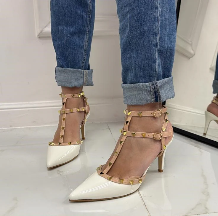 Rosalia - Décolleté Donna Cinturino Tacco Spillo Basso Borchie Elegante Vernice Bianco - immagine 4