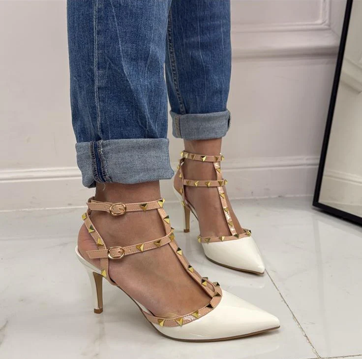 Rosalia - Décolleté Donna Cinturino Tacco Spillo Basso Borchie Elegante Vernice Bianco - immagine 2