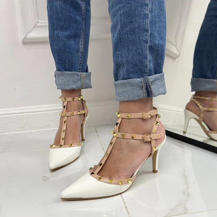 Rosalia - Décolleté Donna Cinturino Tacco Spillo Basso Borchie Elegante Vernice Bianco - immagine 5