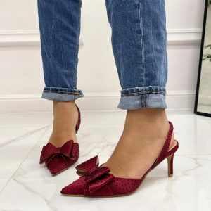 Queen - Decolleté Donna Punta Scarpa Tacco Basso Strass Bordeaux