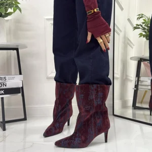 Ayla - Stivale Donna Alto Tacco Punta Casual Elegante Jeans Blu e Bordeaux