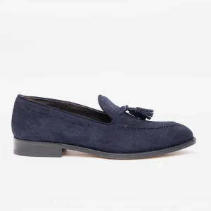 Mocassino suede con nappine blu