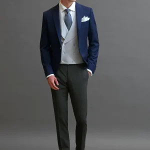 Giacca Mezzo thight rever a lancia mono petto blu 
e Pantalone classico in lana grigio