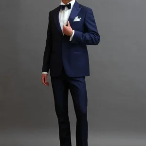 Smoking rever a lancia sablè di lana blu avio