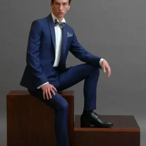 Smoking rever a scialle in sablè di lana blu