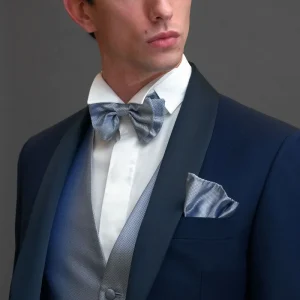 Papillon seta jacquard piquet perla e blu