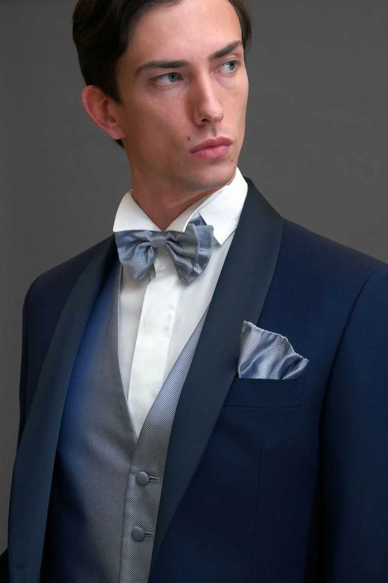 Papillon seta jacquard piquet perla e blu - immagine 2