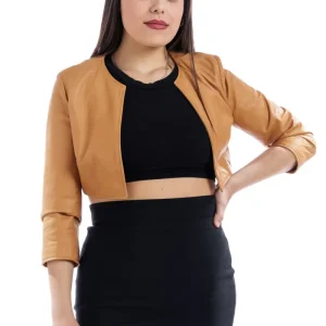 Corpetto in pelle donna con manica a tre quarti cuio