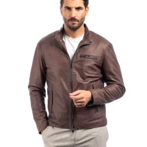 Giacca biker adv in pelle uomo marrone