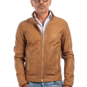 Giacca biker double face in pelle e camoscio uomo biscotto