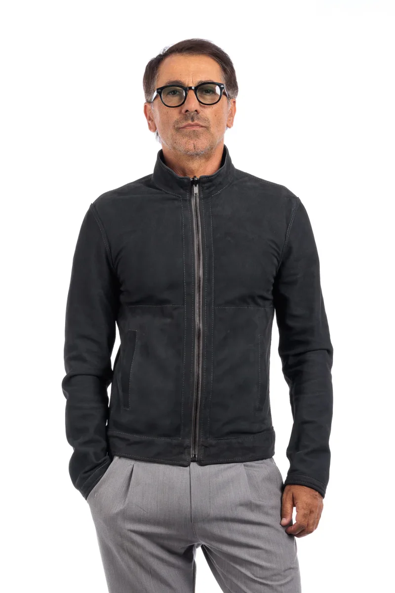 Giacca biker double face in pelle e camoscio uomo grigio - immagine 5