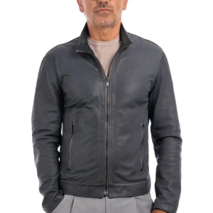Giacca biker double face in pelle e camoscio uomo grigio