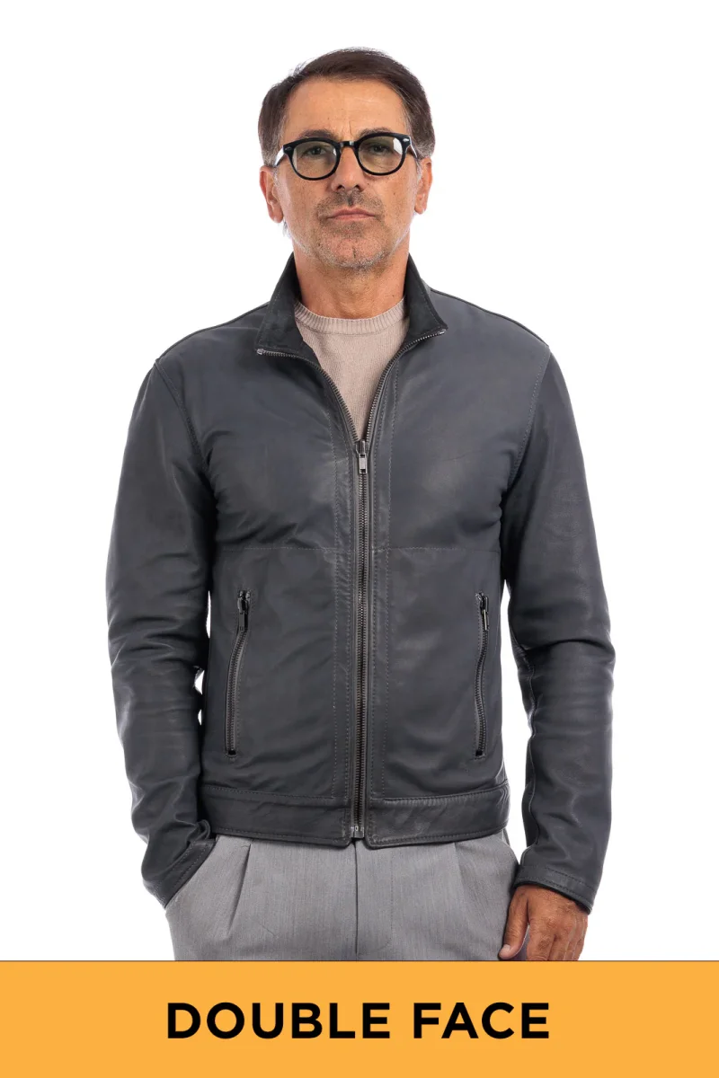 Giacca biker double face in pelle e camoscio uomo grigio