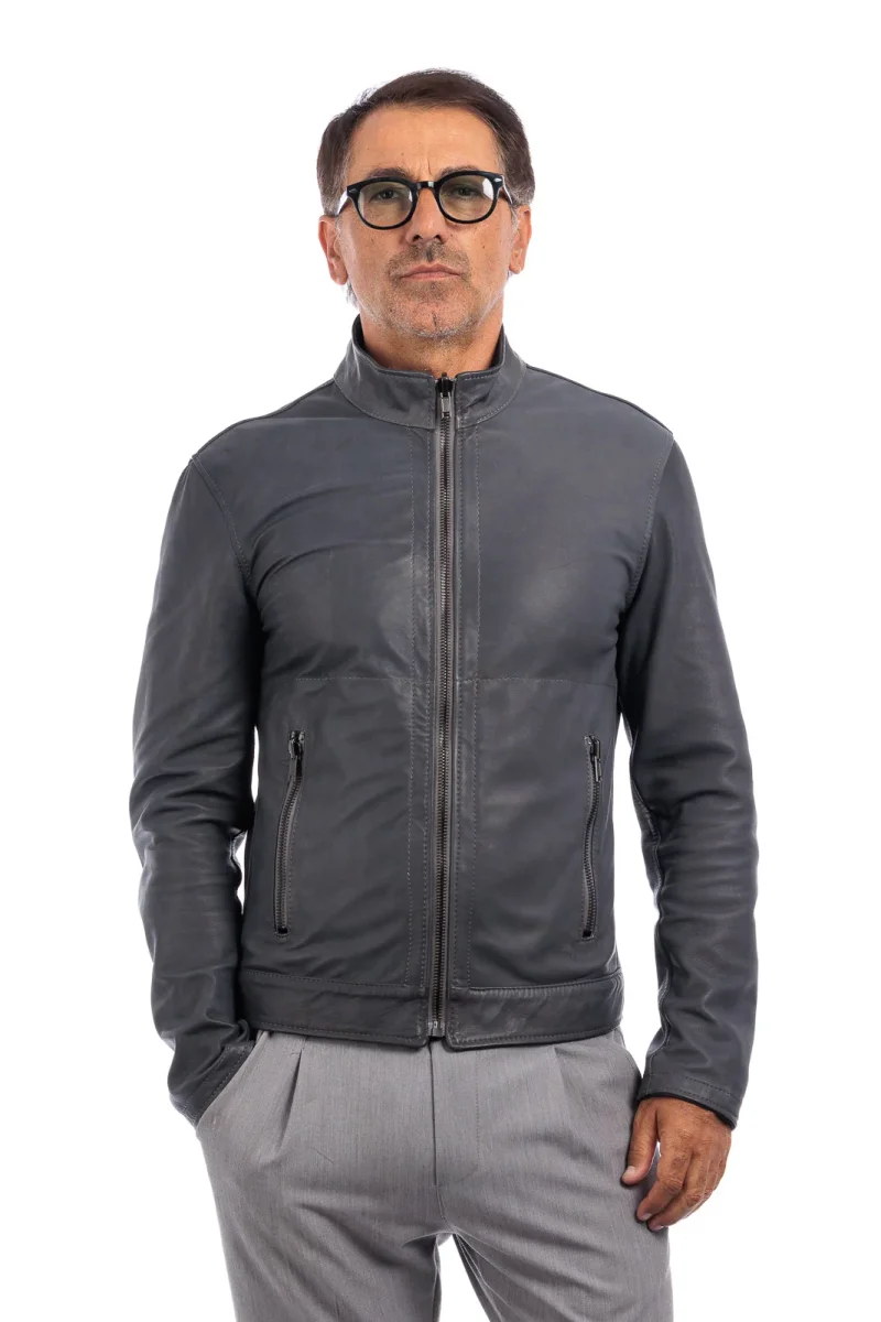 Giacca biker double face in pelle e camoscio uomo grigio - immagine 4