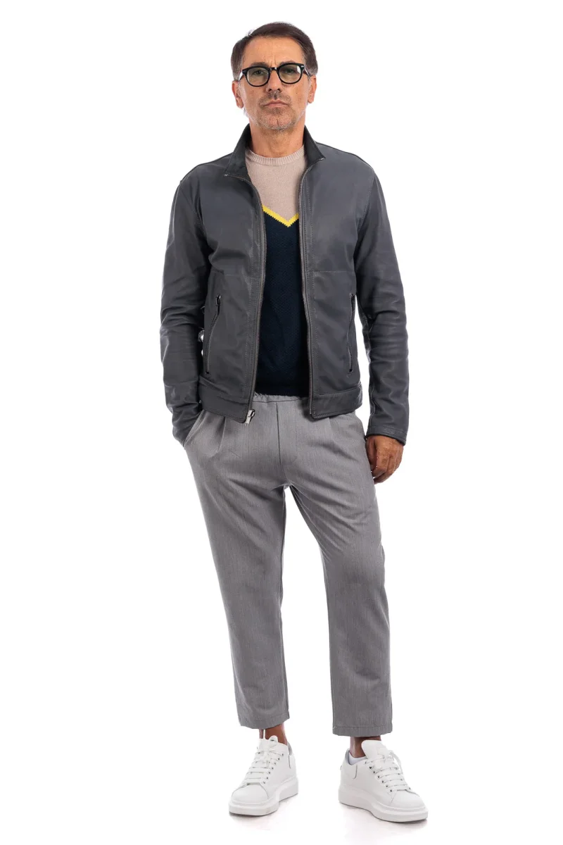 Giacca biker double face in pelle e camoscio uomo grigio - immagine 3