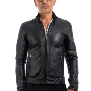 Giacca biker double face in pelle e camoscio uomo nero