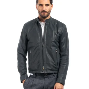 Giacca biker in pelle uomo grigio