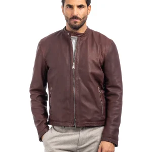 Giacca biker in pelle uomo marrone