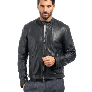 Giacca biker in pelle uomo nero traforato