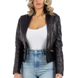 Giacca corpetto lungo in pelle donna nero