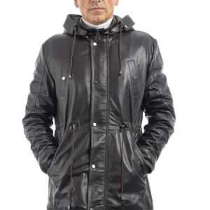 Parka uomo in vera pelle con zip testa di moro